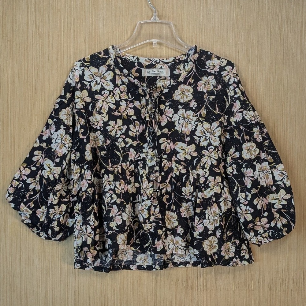 We The Free Highlander Floral Peasant Blouse Womens Small Boho Oversize Black